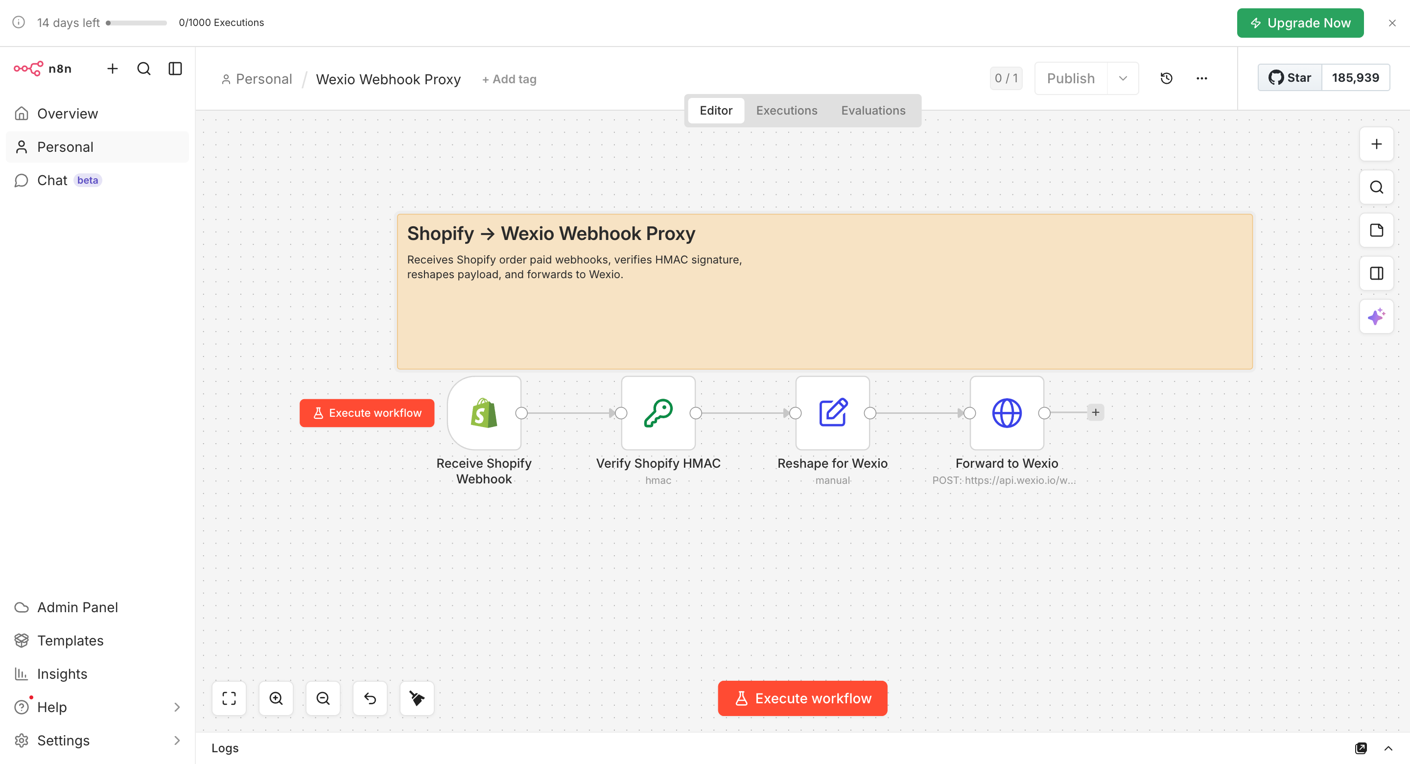 n8n workflow with HTTP Request pointing at Wexio