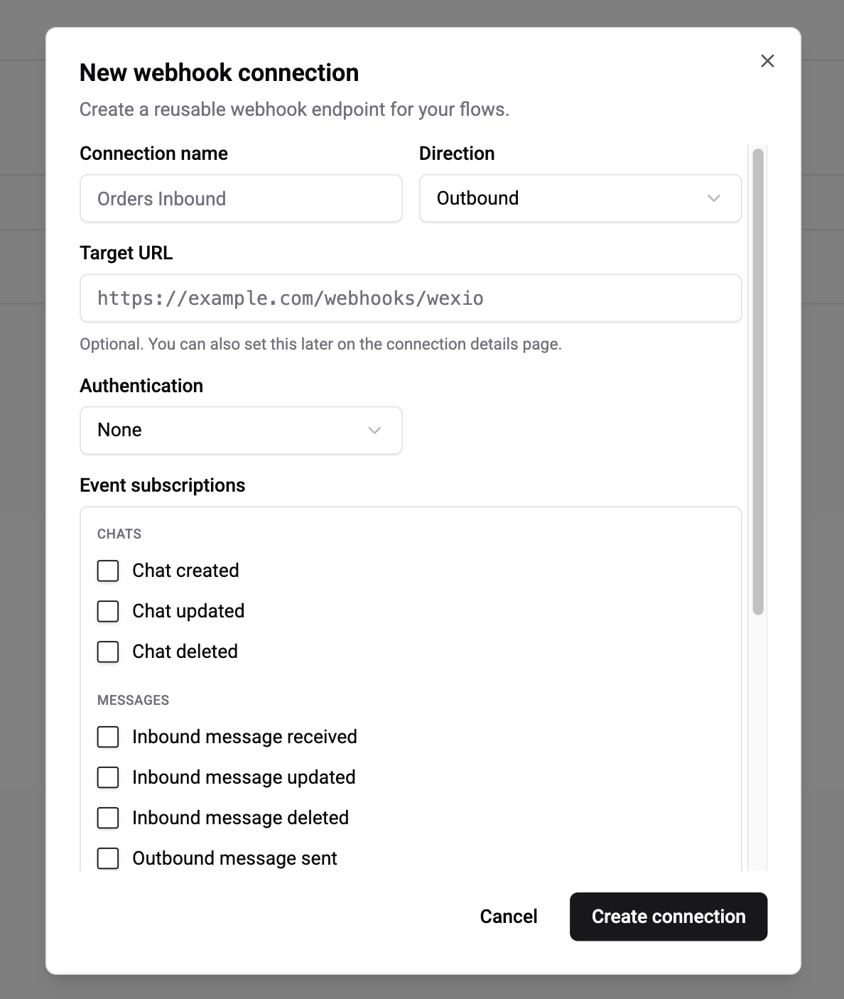 Create outbound connection modal